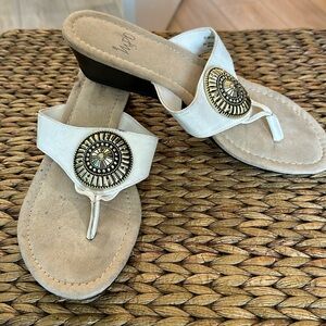 Impo Gwynn White  and Gold Low Wedge T-Strap Sandal